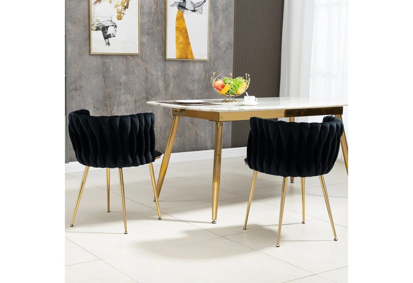 KLAM HOME Samt-Esstuhl-Set 2er mit goldenen Metallbeinen Schwarz - Bild 5