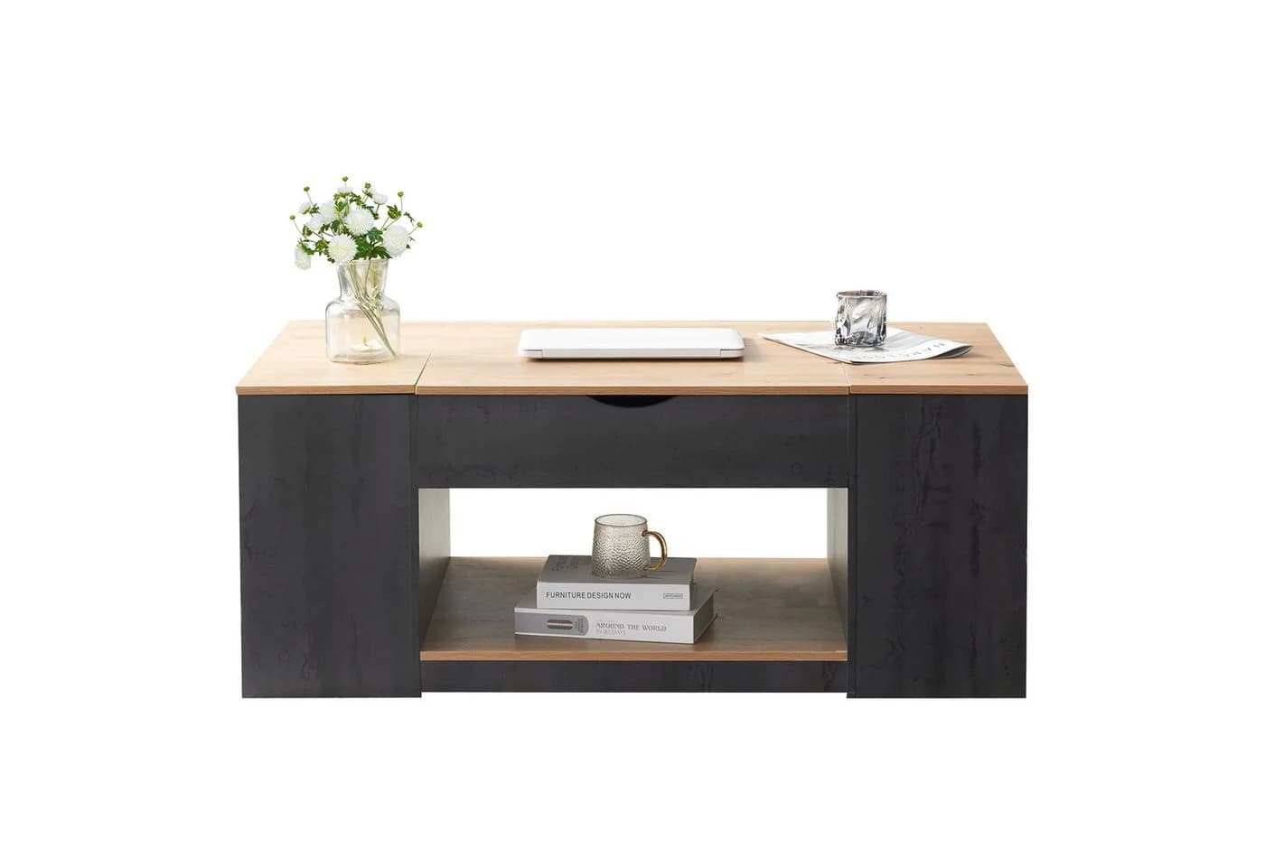 KLAM HOME Couchtisch 120x50x56 cm Grau mit Stauraum - Bild 2