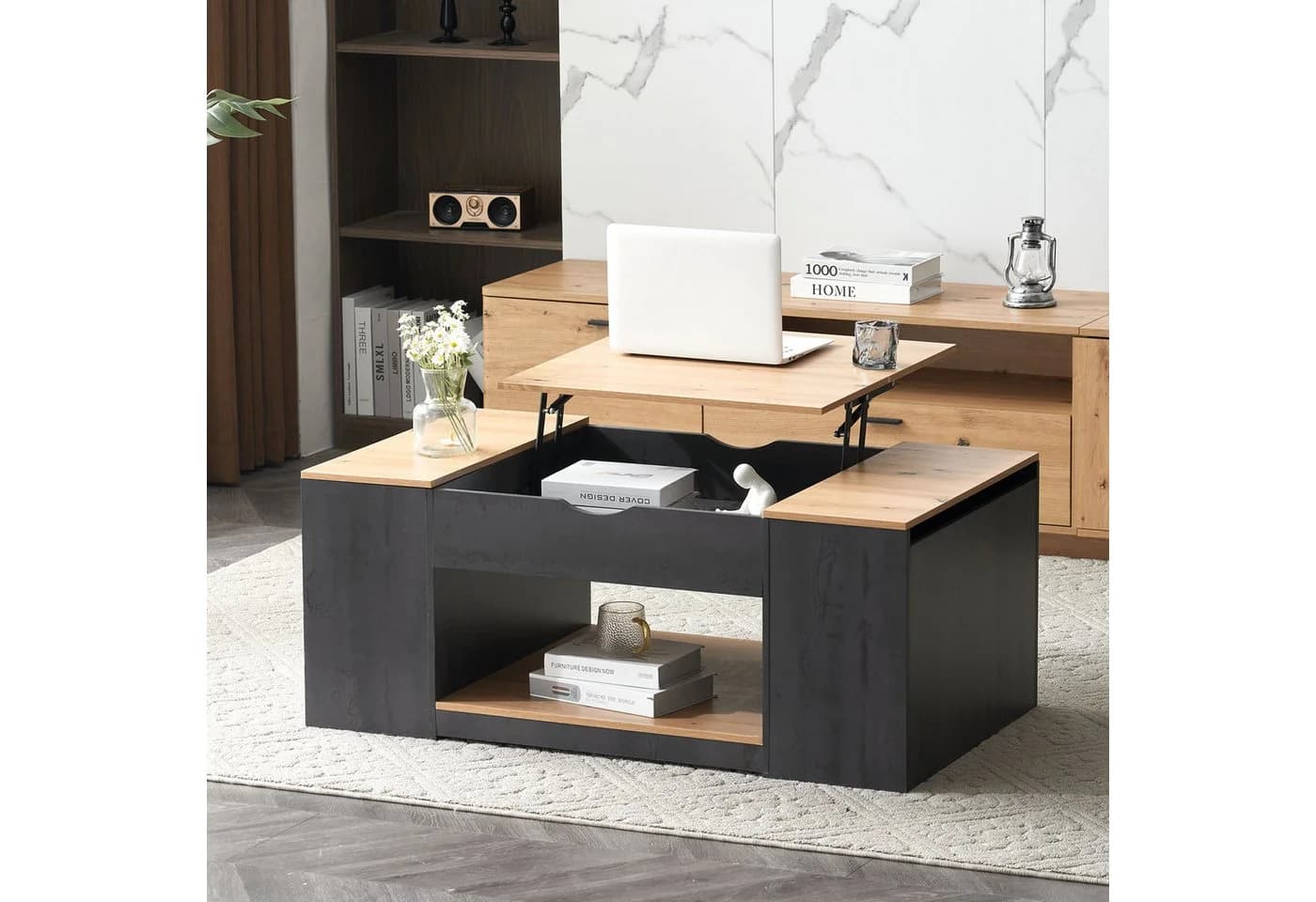 KLAM HOME Couchtisch 120x50x56 cm Grau mit Stauraum - Bild 3