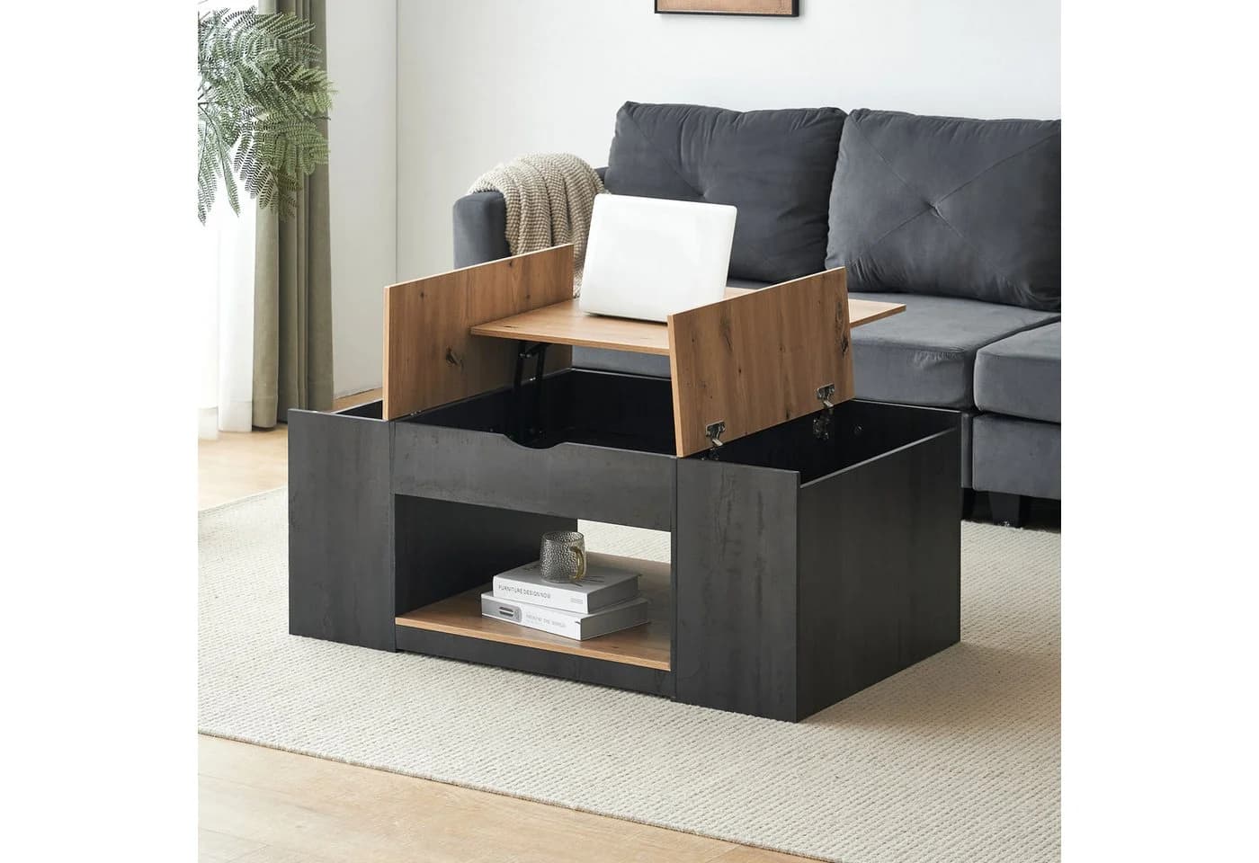 KLAM HOME Couchtisch 120x50x56 cm Grau mit Stauraum - Bild 4