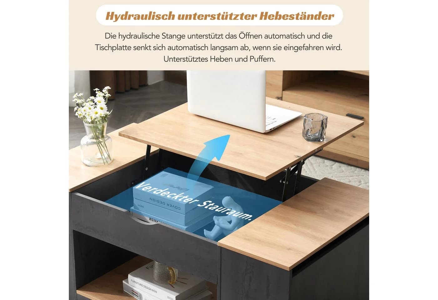 KLAM HOME Couchtisch 120x50x56 cm Grau mit Stauraum - Bild 5