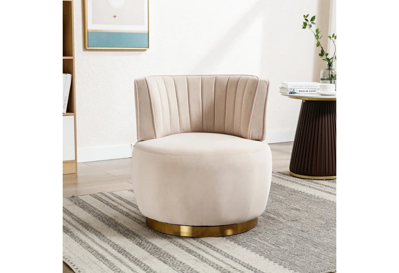 KLAM HOME Moderner 360-Grad-Drehstuhl aus Teddy/Samt Beige