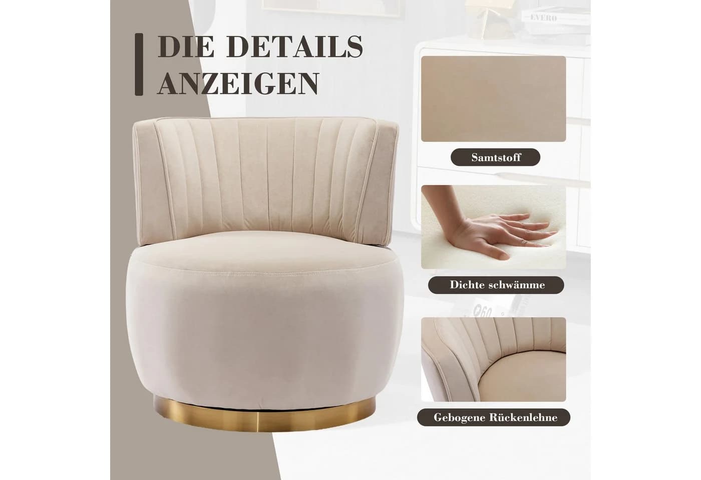 KLAM HOME Moderner 360-Grad-Drehstuhl aus Teddy/Samt Beige - Bild 4
