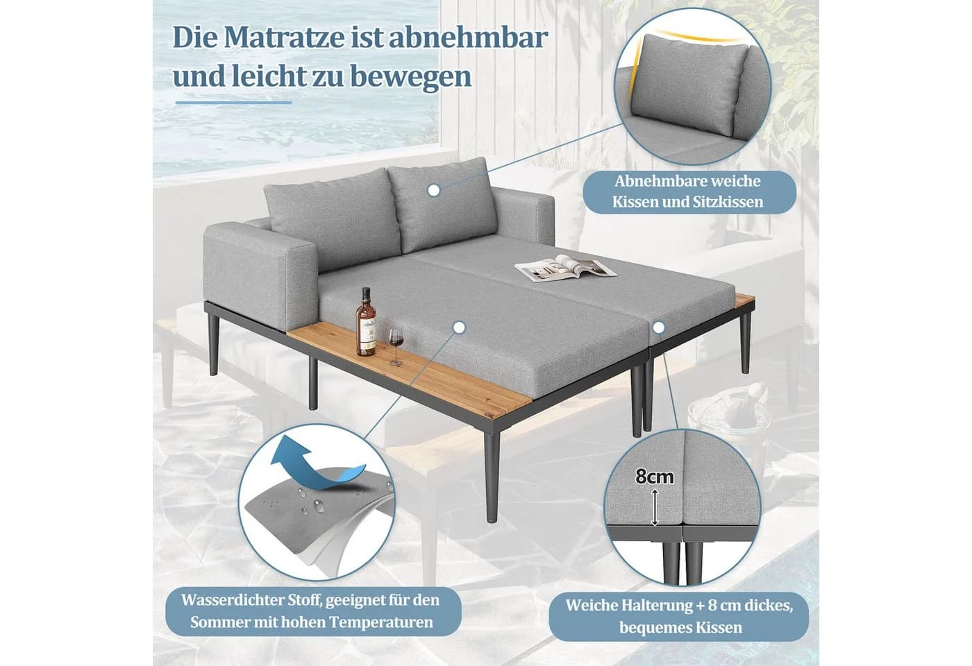 KLAM HOME Multifunktionales Outdoor Sofa mit Ablageflächen - Bild 5