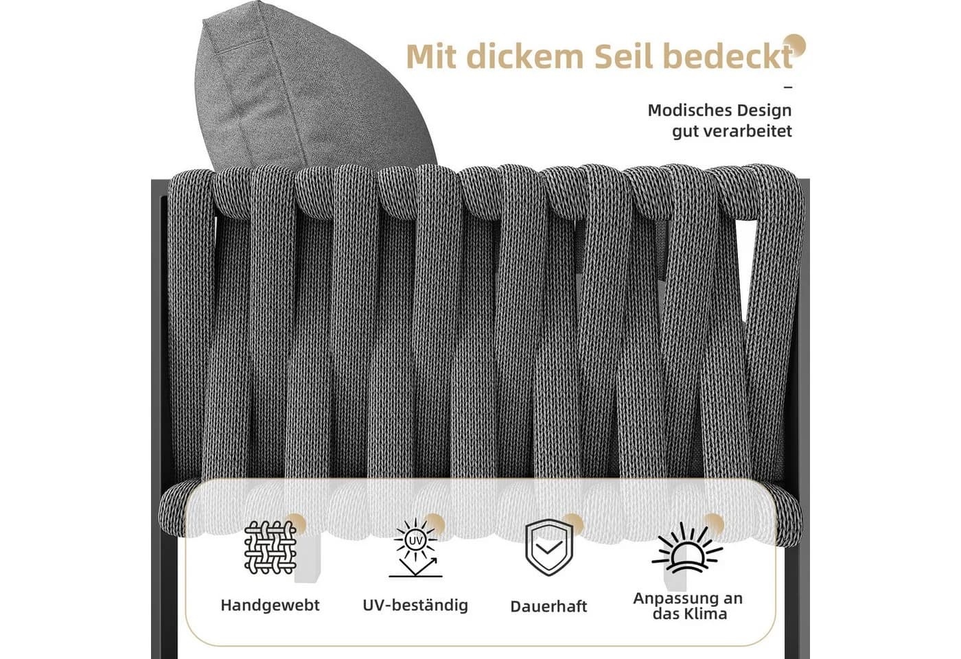 KLAM HOME Gartenlounge-Set 5-tlg. Grau Seilgartenmöbel mit Ecksofa - Bild 5