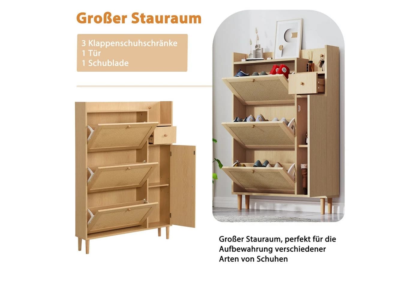 KLAM HOME Schuhschrank mit 3 Kipp-Türen und Schublade Natur - Bild 5