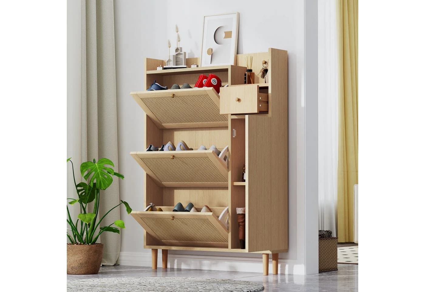 KLAM HOME Schuhschrank Rattan 3 Türen 1 Schublade Massivholzbeine - Bild 2