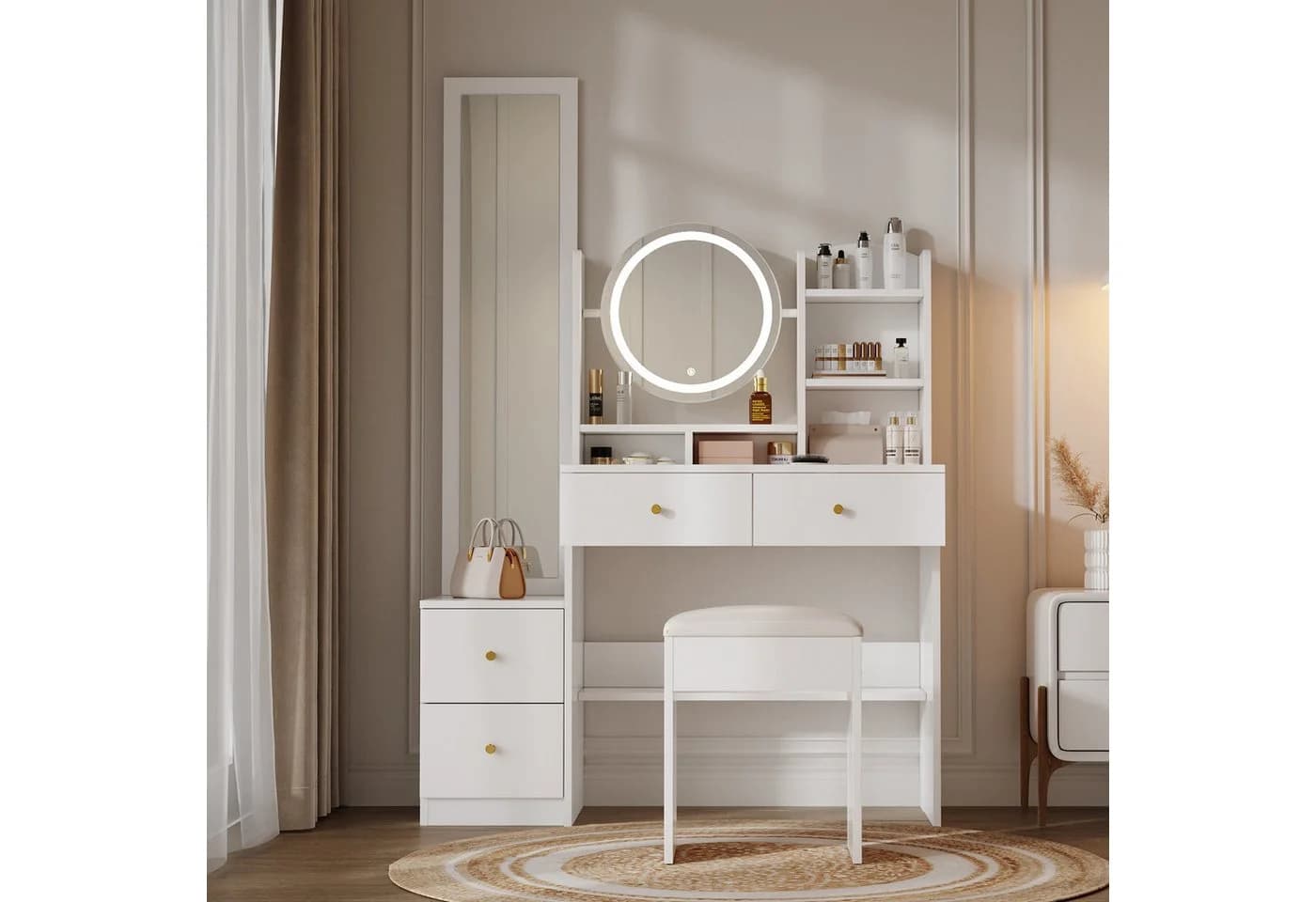 KLAM HOME Schminktisch mit Spiegel & Hocker, Weiß, LED-Beleuchtung - Bild 2