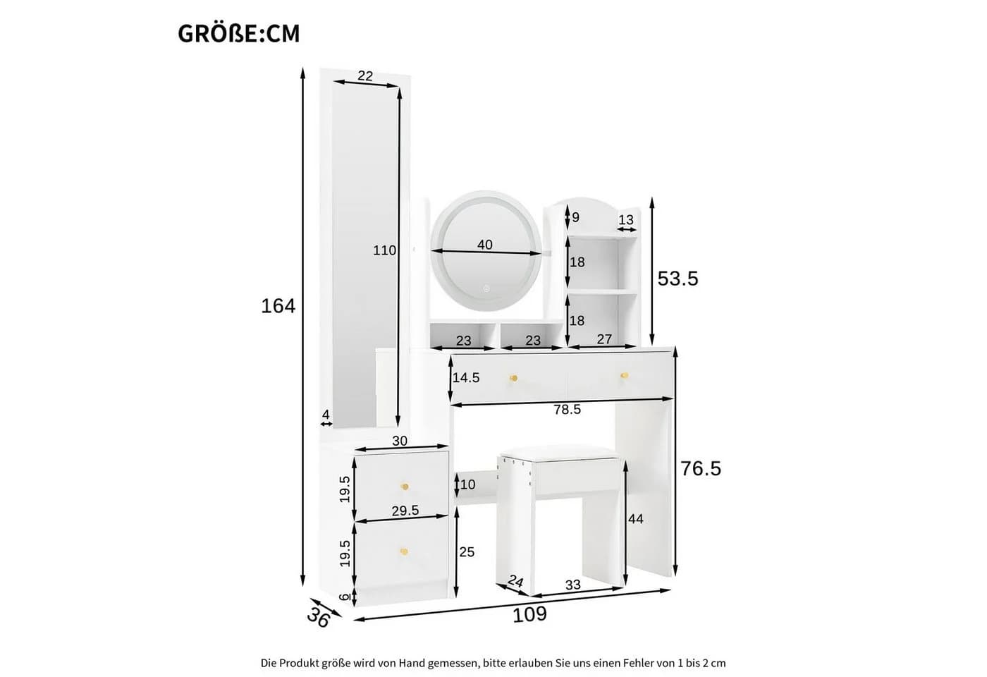 KLAM HOME Schminktisch mit Spiegel & Hocker, Weiß, LED-Beleuchtung - Bild 3