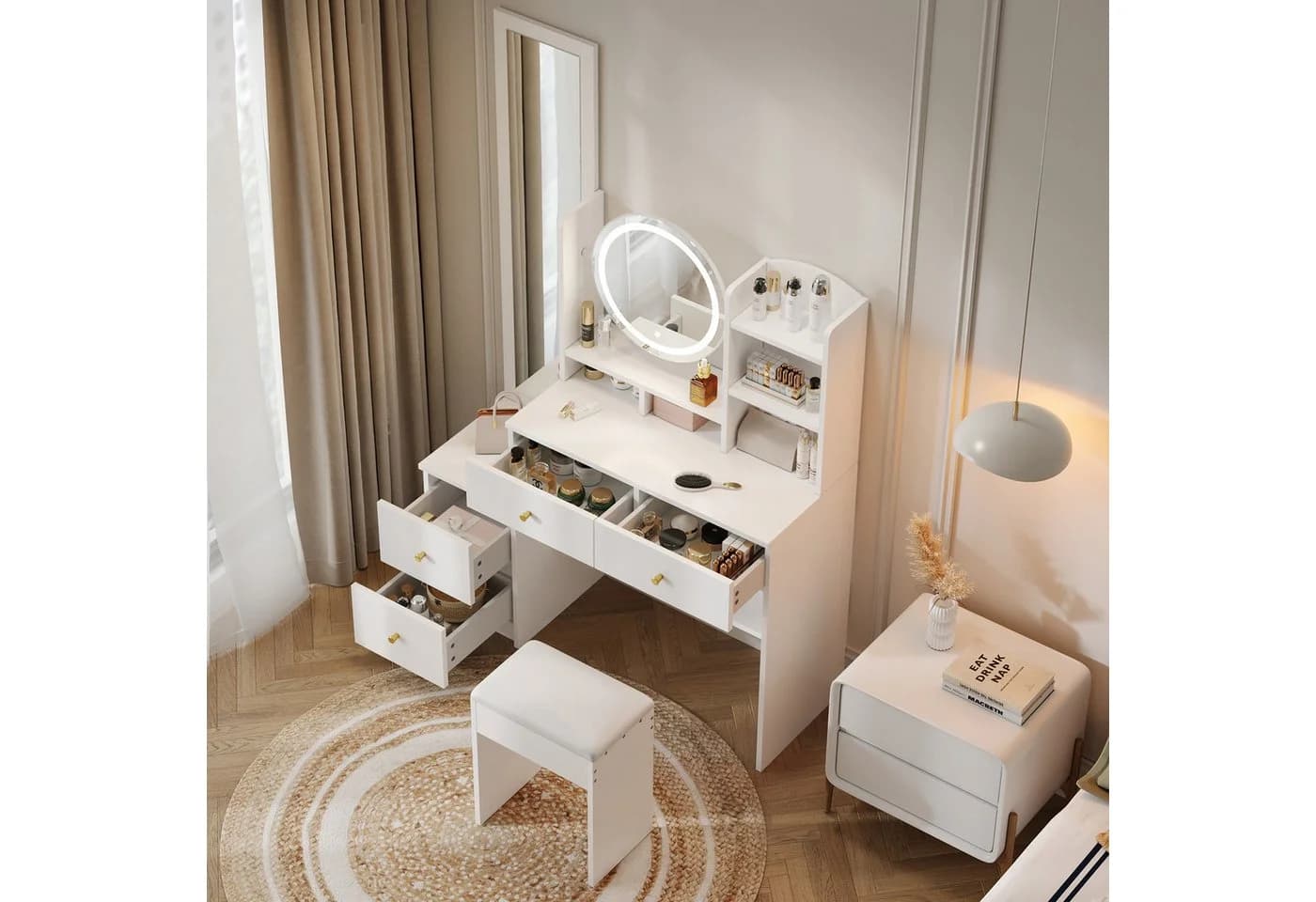 KLAM HOME Schminktisch mit Spiegel & Hocker, Weiß, LED-Beleuchtung - Bild 4
