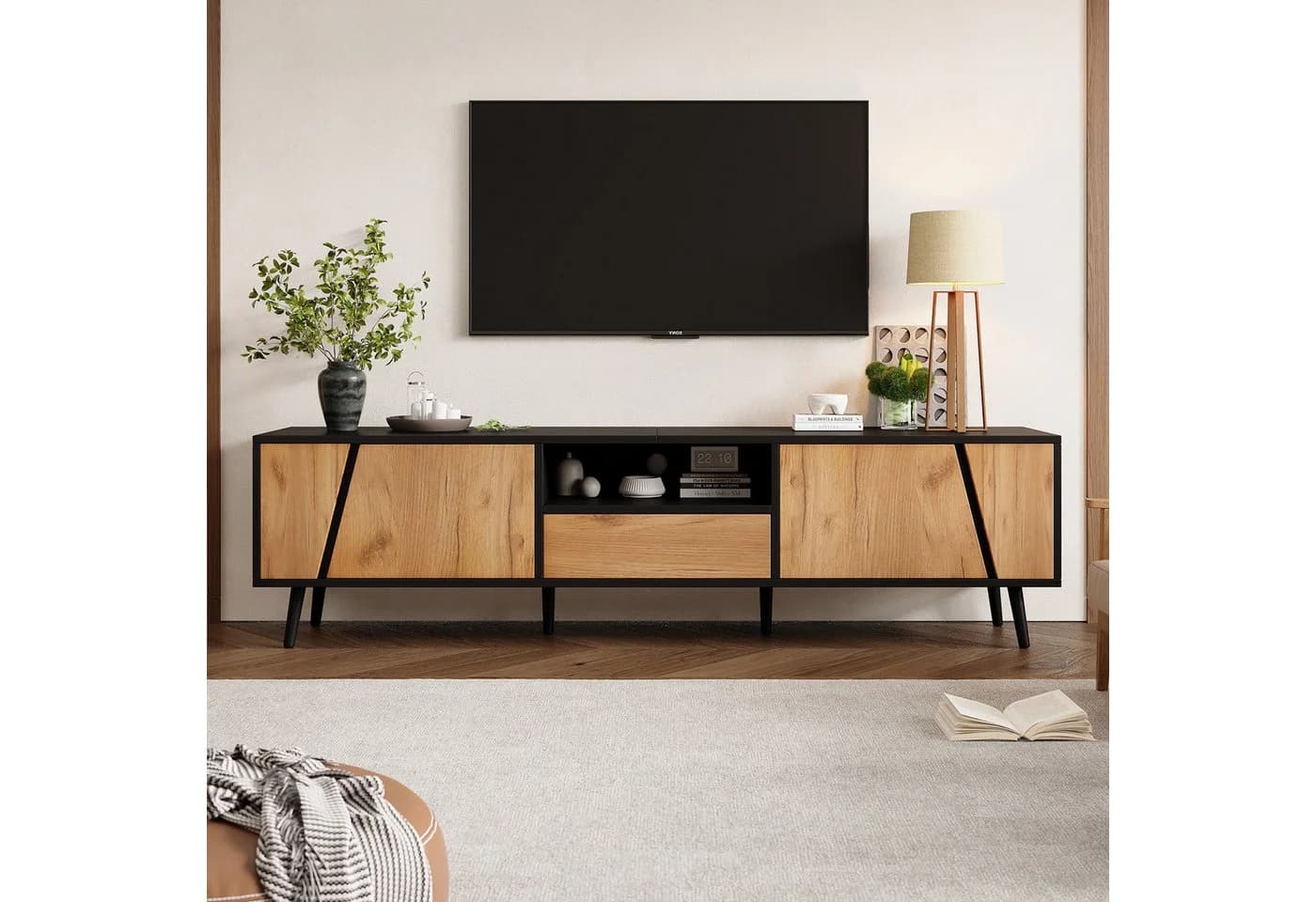 KLAM HOME Lowboard TV-Schrank 180x40x46 cm Schwarz Massivholz - Bild 2