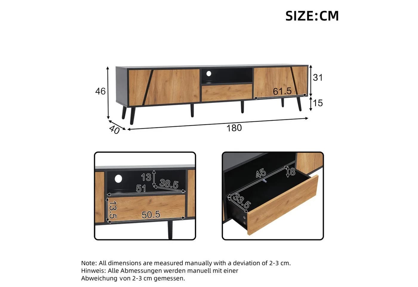 KLAM HOME Lowboard TV-Schrank 180x40x46 cm Schwarz Massivholz - Bild 4