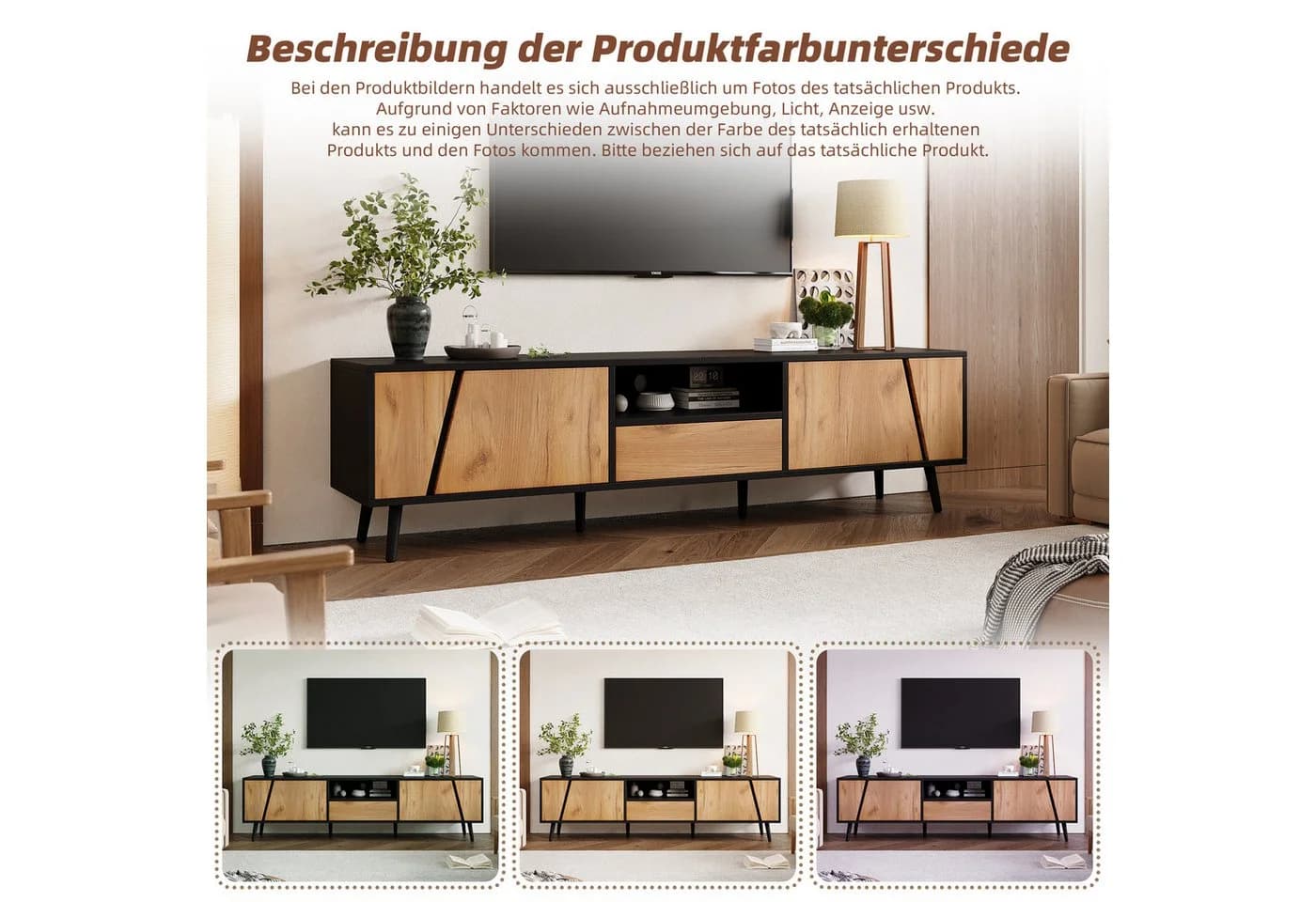 KLAM HOME Lowboard TV-Schrank 180x40x46 cm Schwarz Massivholz - Bild 5