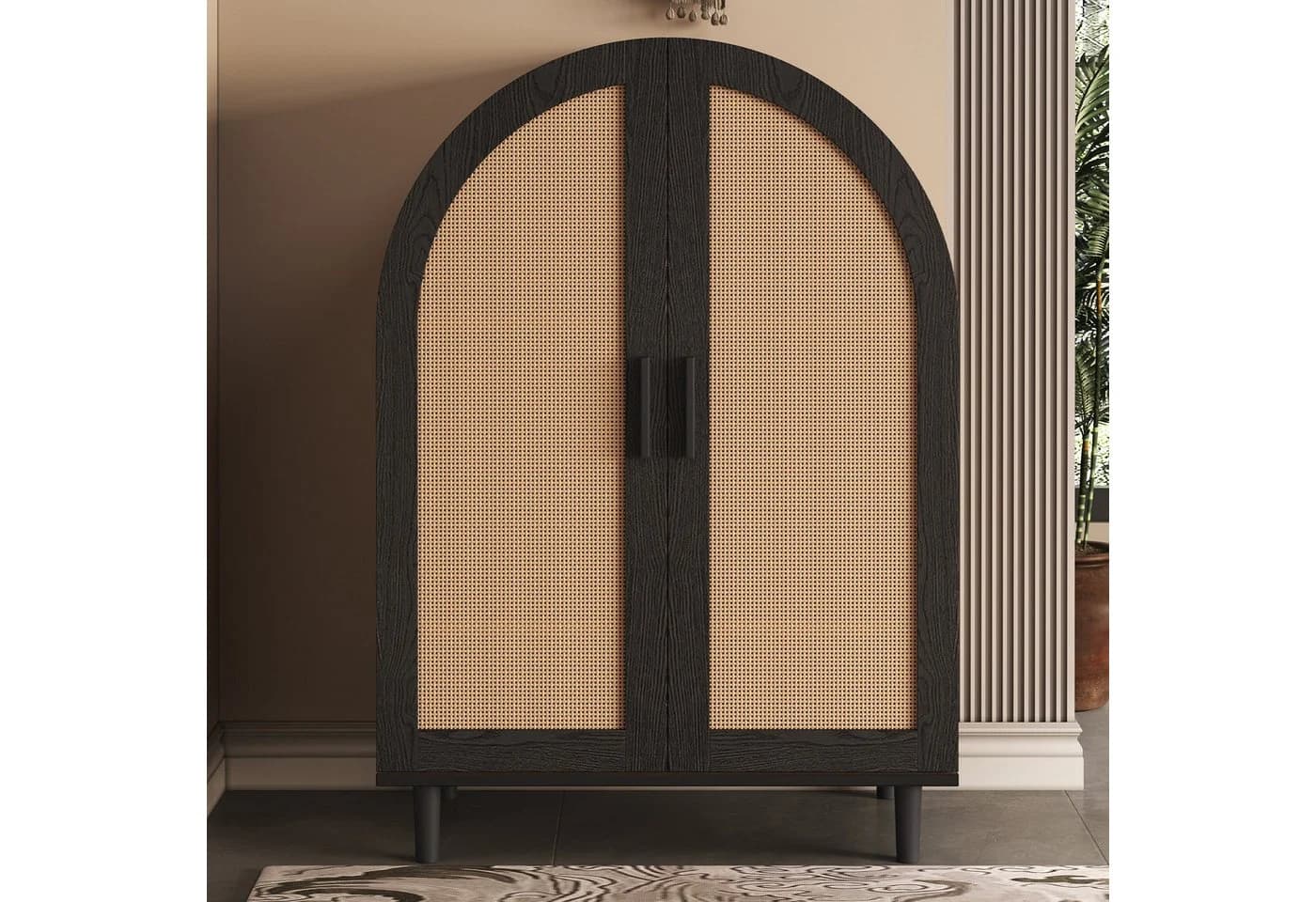 KLAM HOME Schuhschrank Sideboard mit Rattantüren Schwarz - Bild 2
