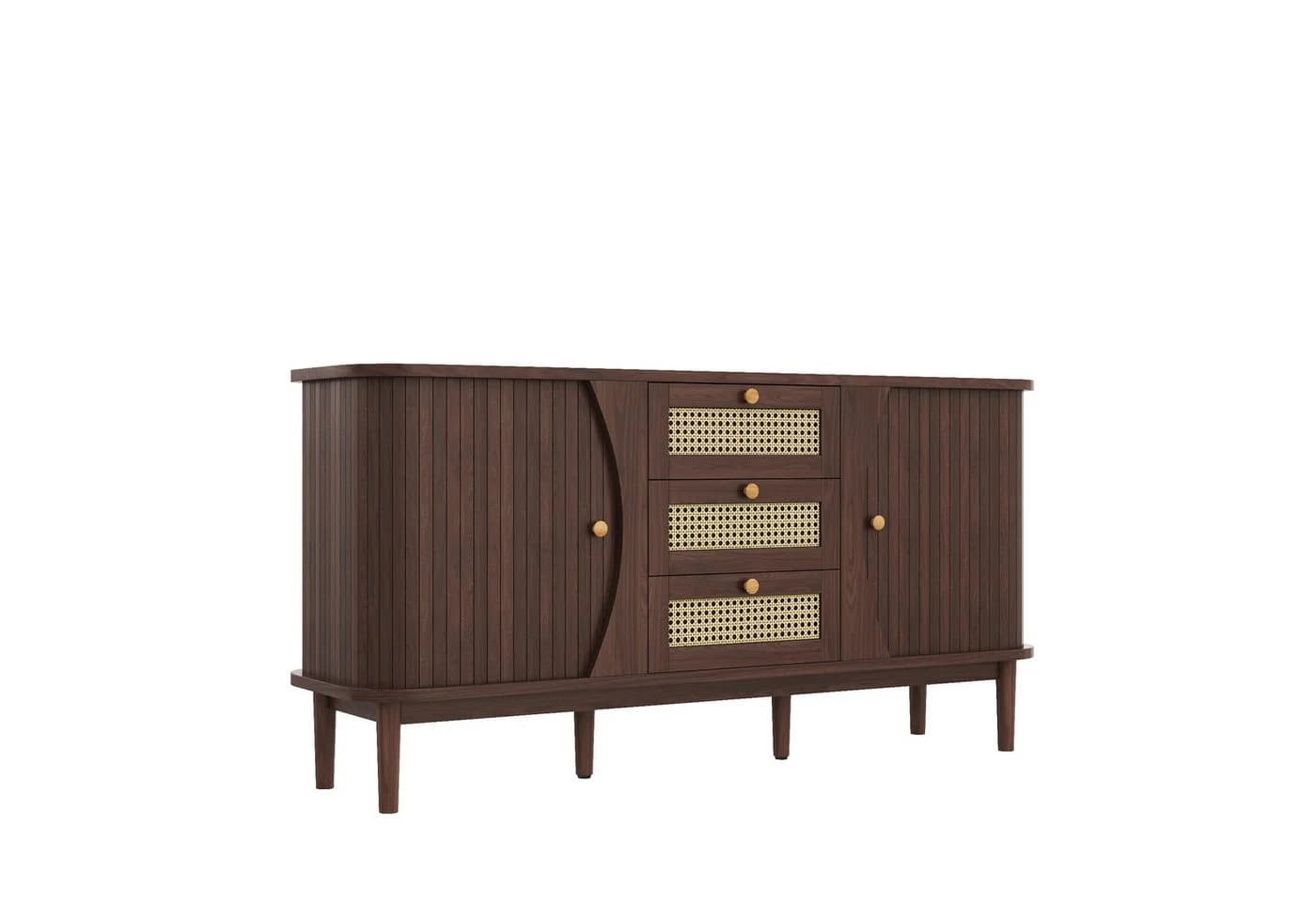 KLAM HOME Sideboard Rattankommode Kommode mit Schiebetüren Holzfarbe