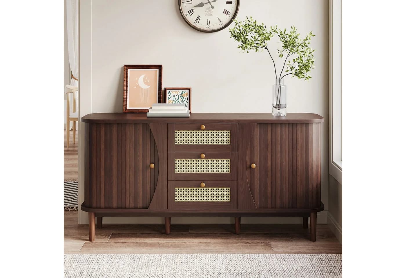 KLAM HOME Sideboard Rattankommode Kommode mit Schiebetüren Holzfarbe - Bild 2