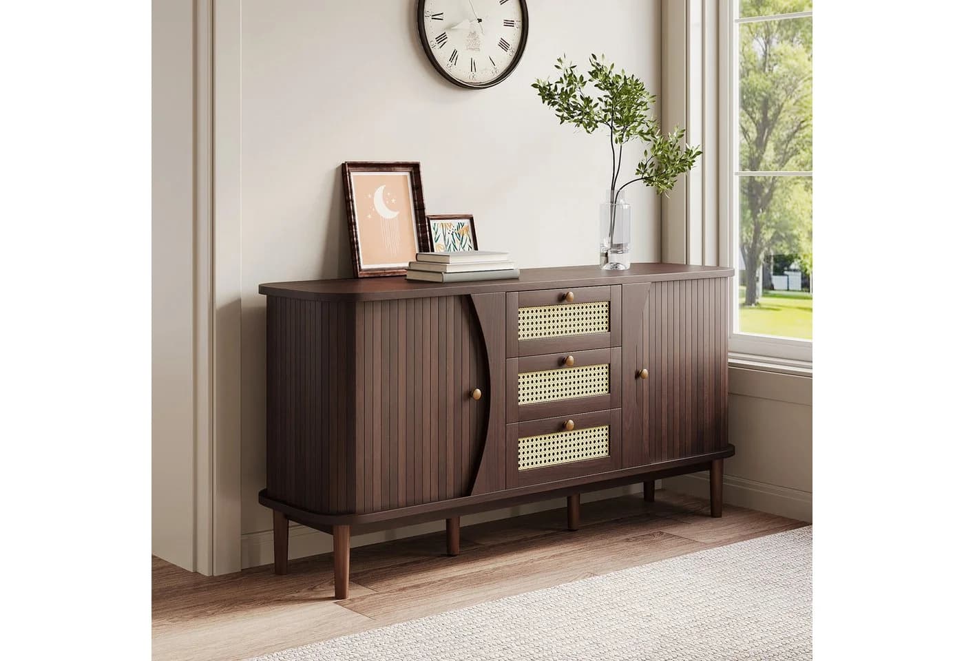 KLAM HOME Sideboard Rattankommode Kommode mit Schiebetüren Holzfarbe - Bild 3