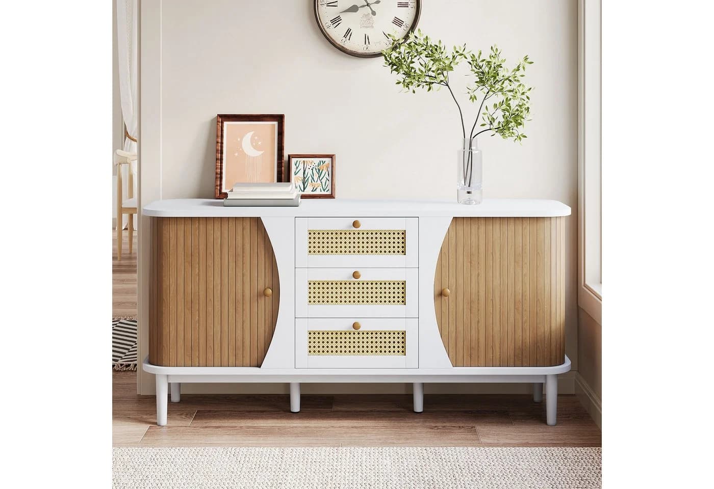 KLAM HOME Rattankommode Sideboard mit Schiebetüren und verstellbaren Einlegeböden - Bild 2