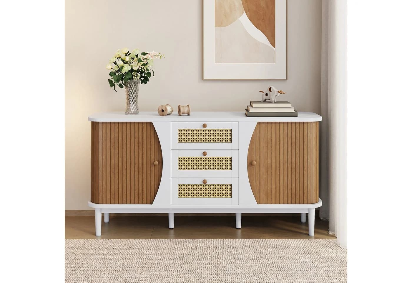 KLAM HOME Rattankommode Sideboard mit Schiebetüren und verstellbaren Einlegeböden - Bild 4