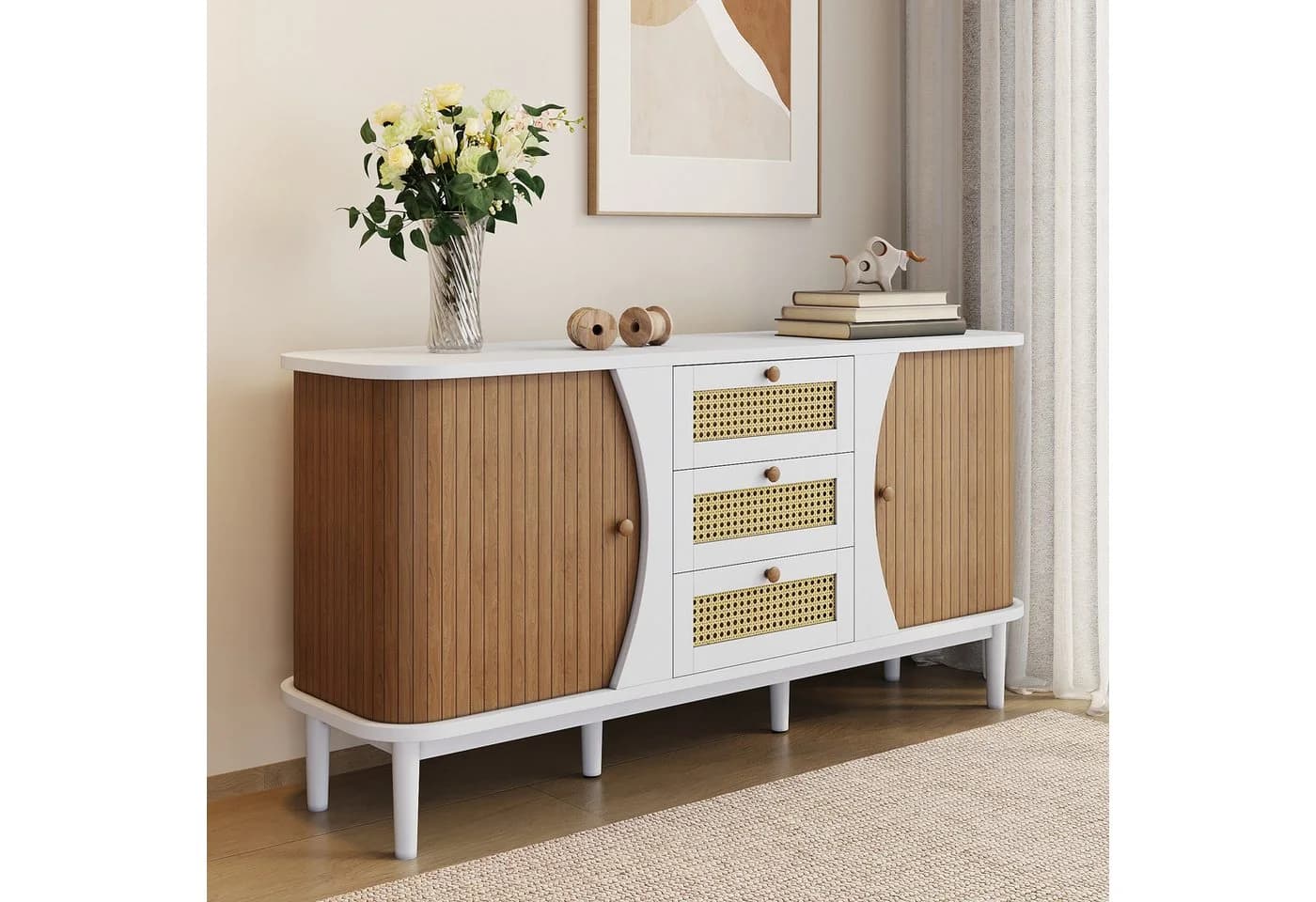 KLAM HOME Rattankommode Sideboard mit Schiebetüren und verstellbaren Einlegeböden - Bild 5