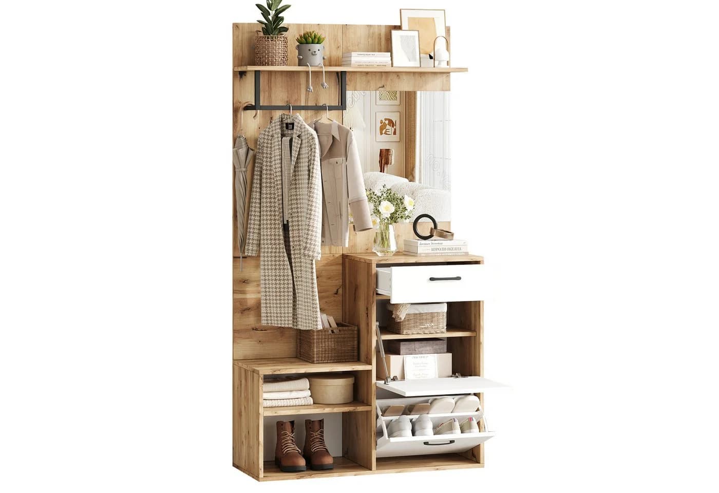 KLAM HOME Garderoben-Set mit Spiegel, Schublade & Schuhschrank Weiß/Holz