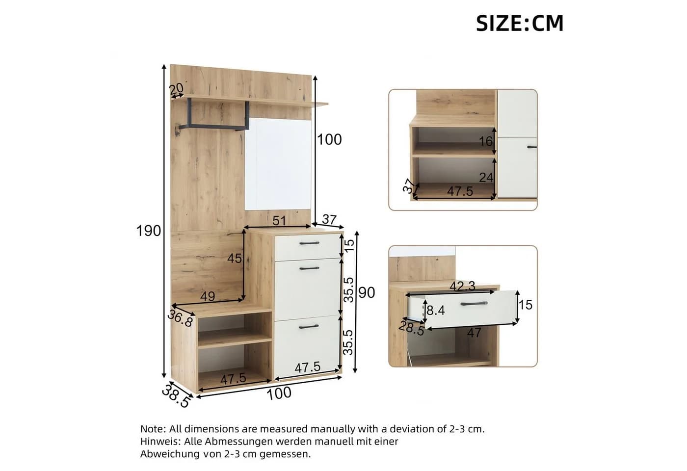 KLAM HOME Garderoben-Set mit Spiegel, Schublade & Schuhschrank Weiß/Holz - Bild 4