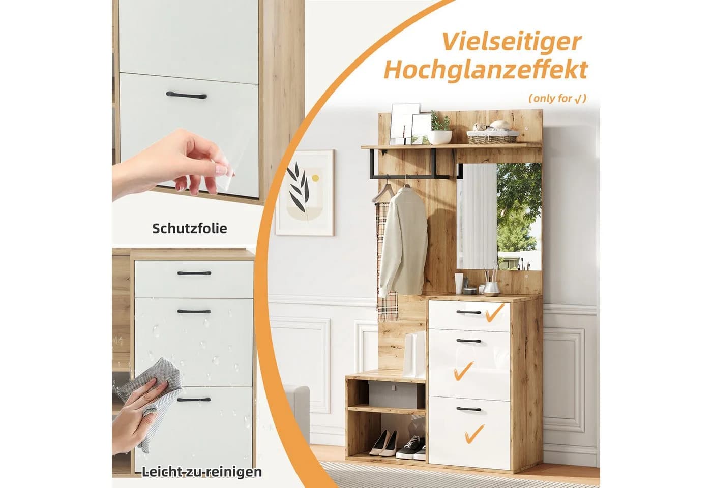KLAM HOME Garderoben-Set mit Spiegel, Schublade & Schuhschrank Weiß/Holz - Bild 5