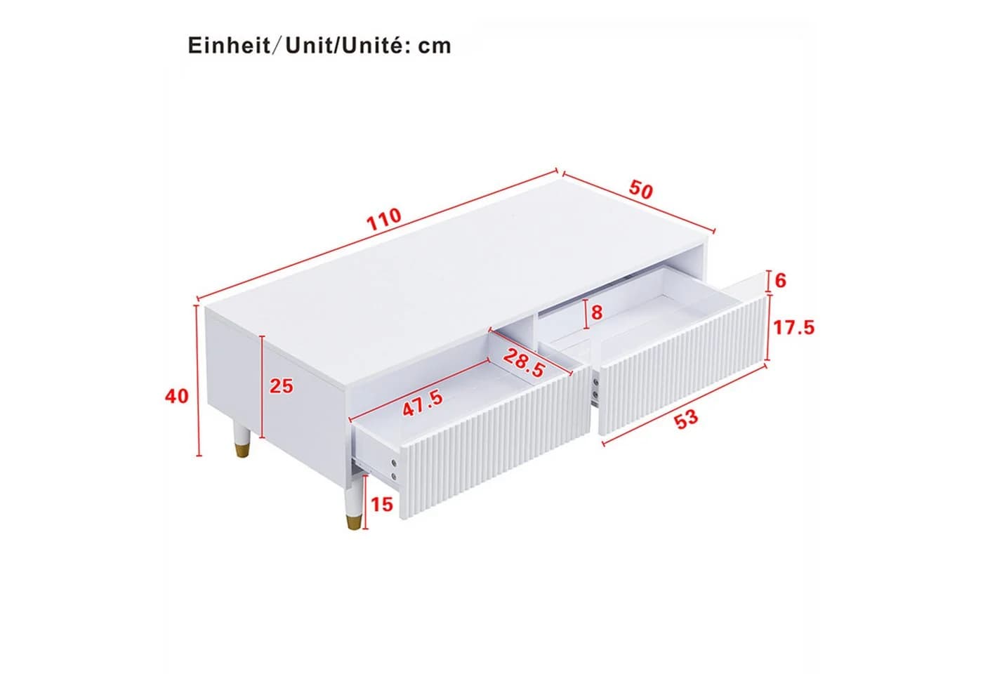 KLAM HOME Couchtisch mit LED-Beleuchtung Gold-Weiß Massivholzbeine - Bild 4