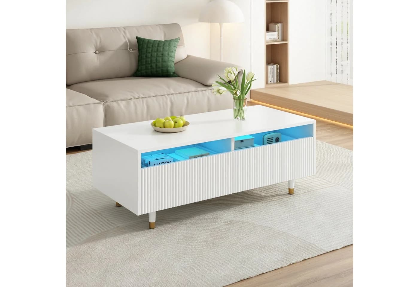 KLAM HOME Couchtisch mit LED-Beleuchtung Gold-Weiß Massivholzbeine - Bild 5