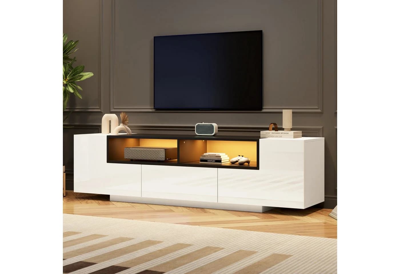 KLAM HOME TV-Schrank Hochglanzweiß mit LED-Beleuchtung und L-Form - Bild 2