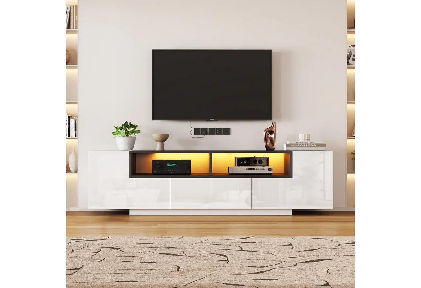 KLAM HOME TV-Schrank Hochglanzweiß mit LED-Beleuchtung und L-Form - Bild 3