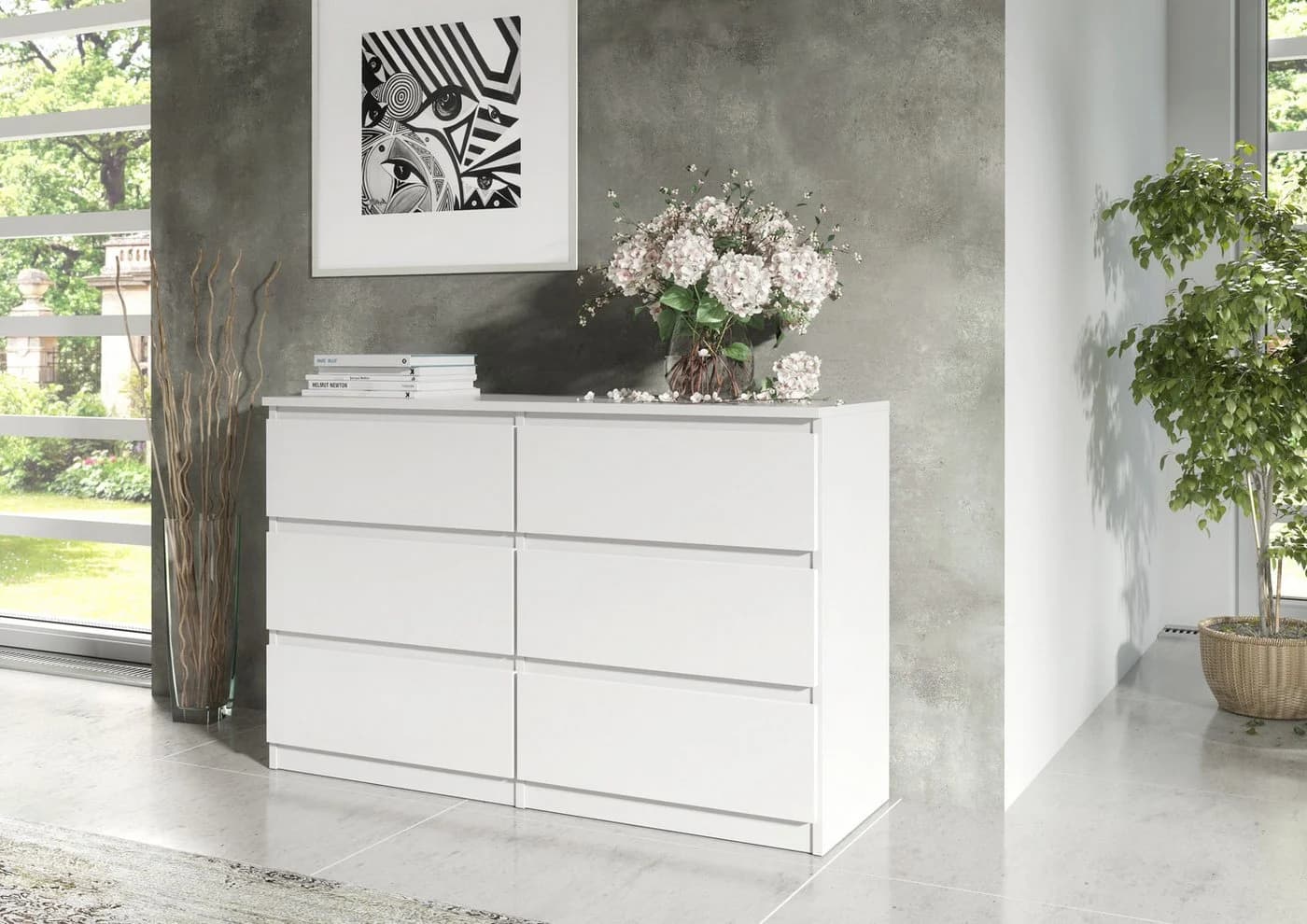 MAGOWA Kommode 140cm Weiß 6 Schubladen Modern