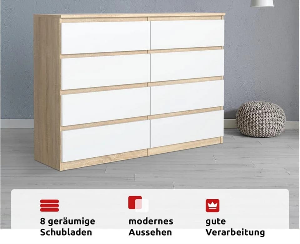 MAGOWA Kommode 120 cm mit 8 Schubladen Weiß Modern