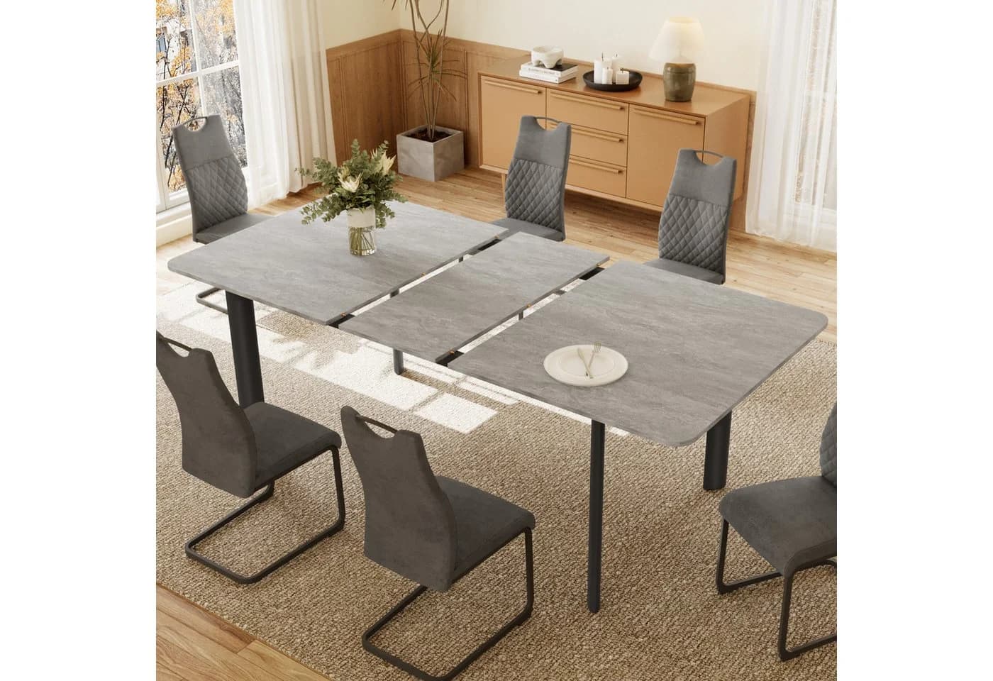 Jiexi Essgruppe Esstisch Mit 4-8 Stühlen Set, Ausziehbar 160-200cm - Bild 3