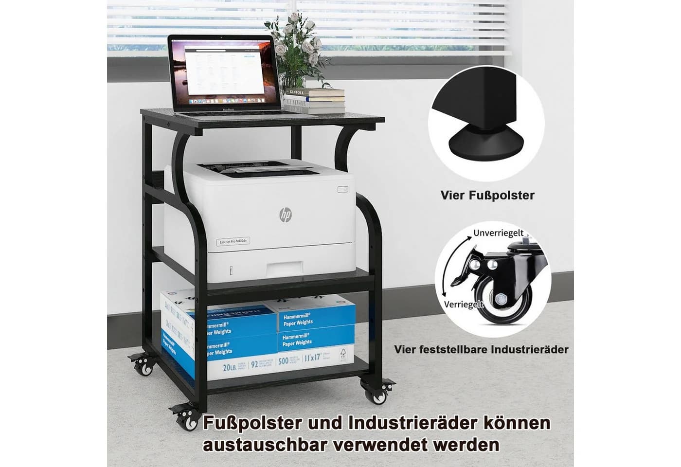 PUNCIA Druckertisch 3 Schichten Schwarz/Weiß/Braun mit Rädern - Bild 5