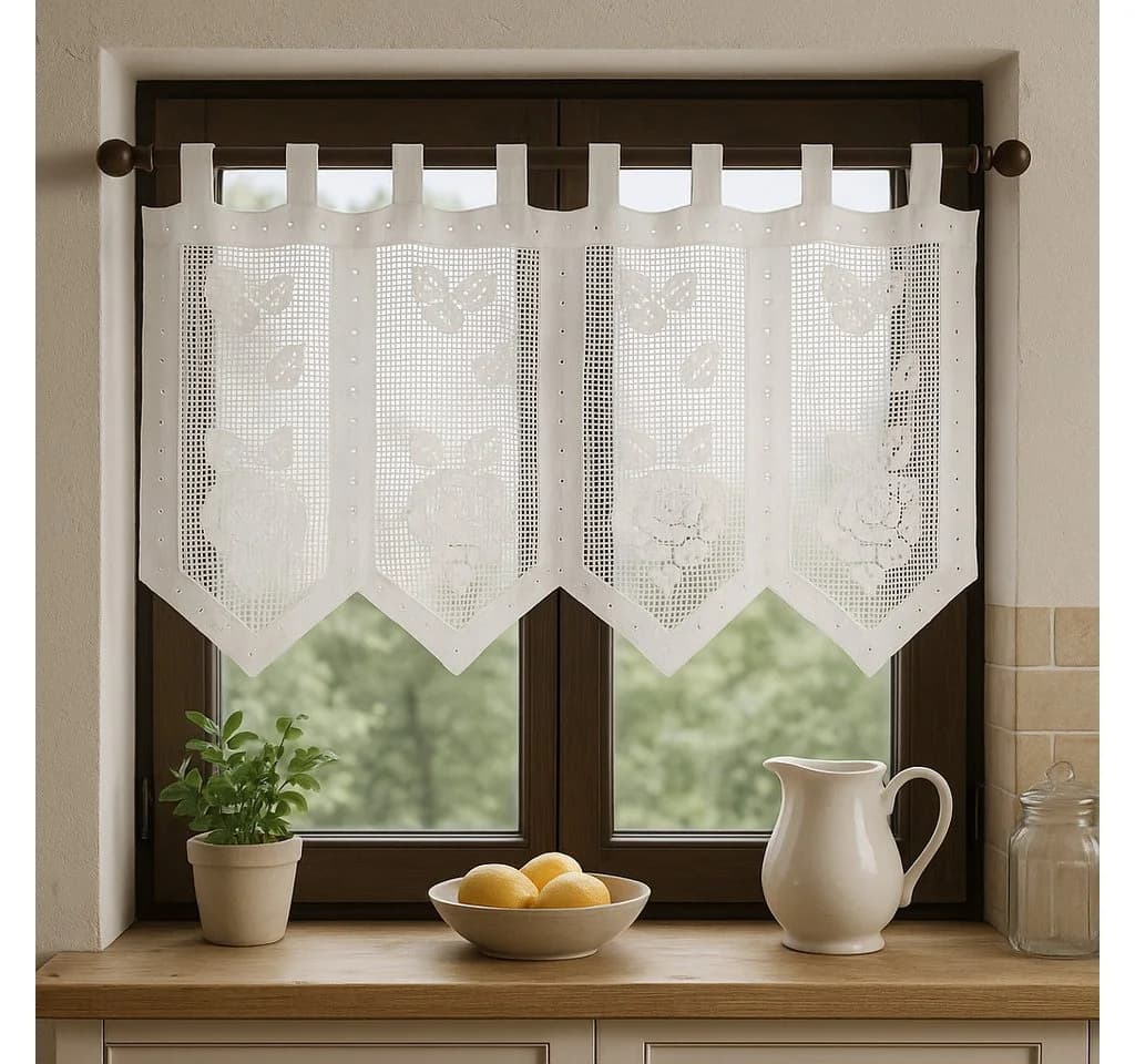 HOSSNER Scheibengardine 45x100 cm Schlaufen Blickdicht Baumwolle Vintage Romantische Stickerei