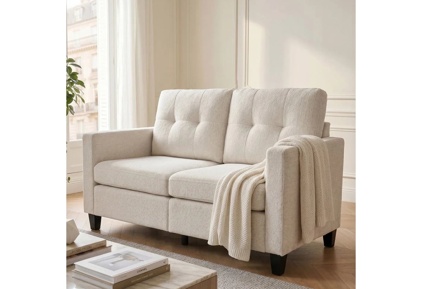 Jiexi Zweisitzer-Sofa Chenille Couch Creme Skandinavisch - Bild 2