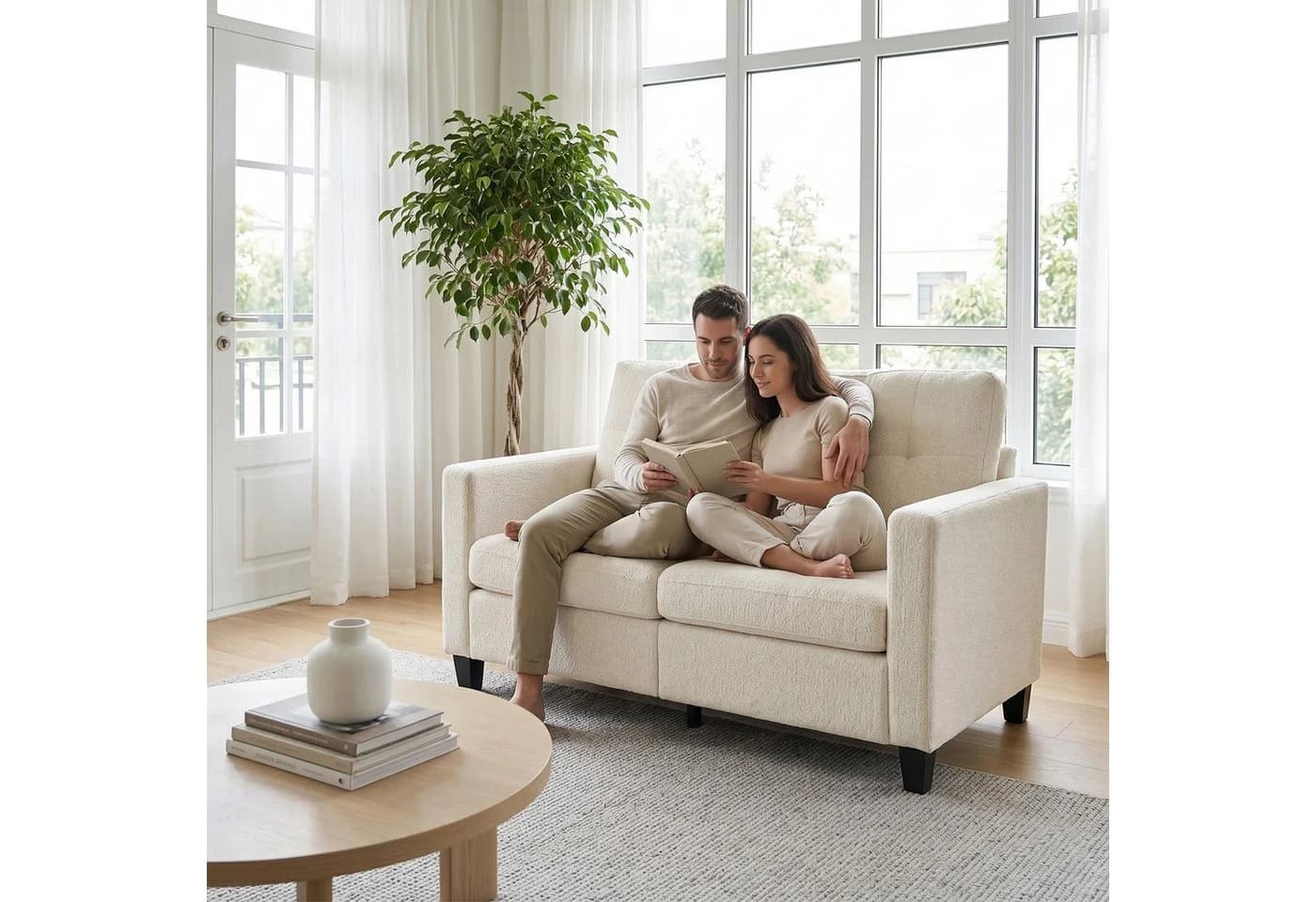 Jiexi Zweisitzer-Sofa Chenille Couch Creme Skandinavisch - Bild 3