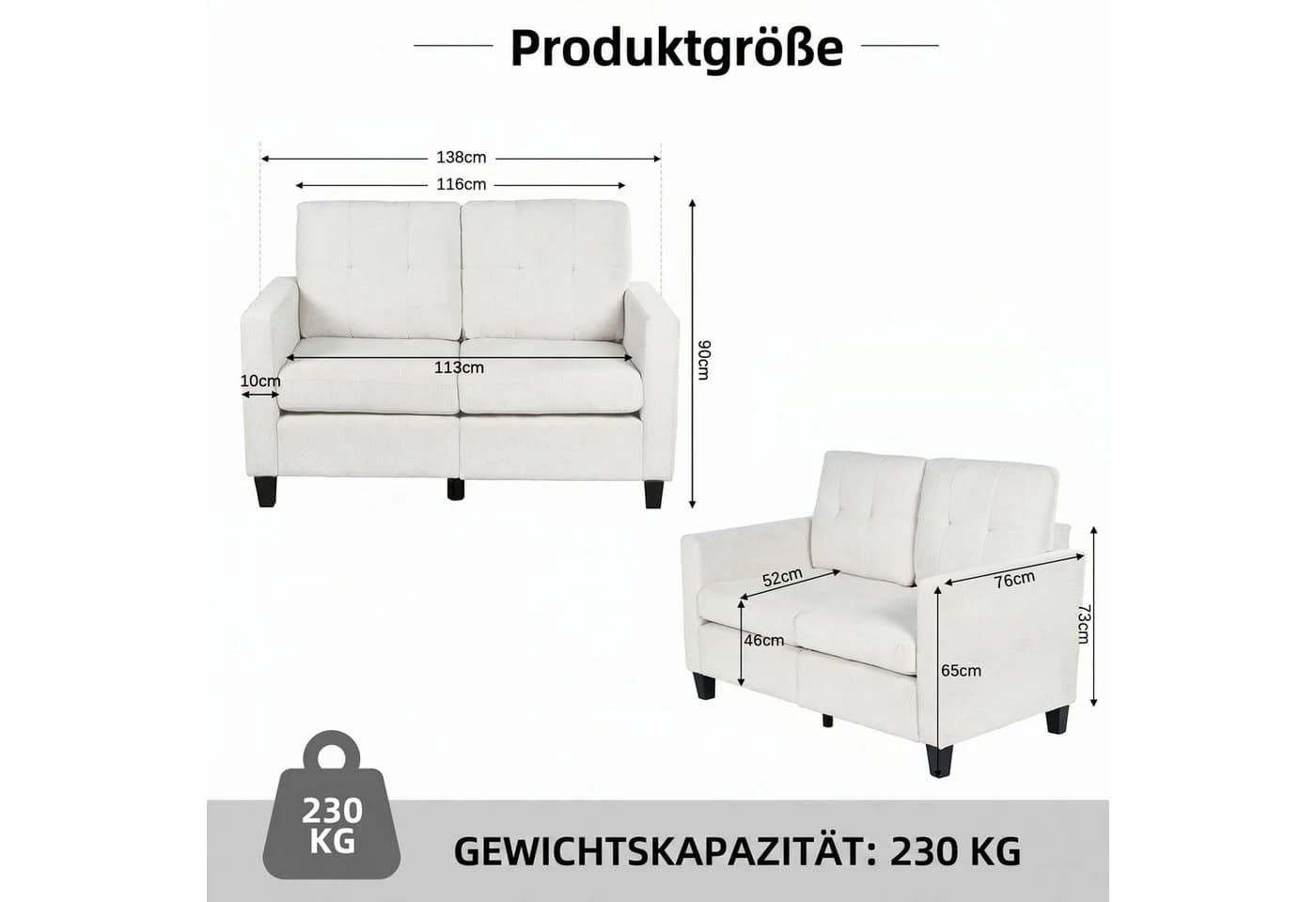 Jiexi Zweisitzer-Sofa Chenille Couch Creme Skandinavisch - Bild 4