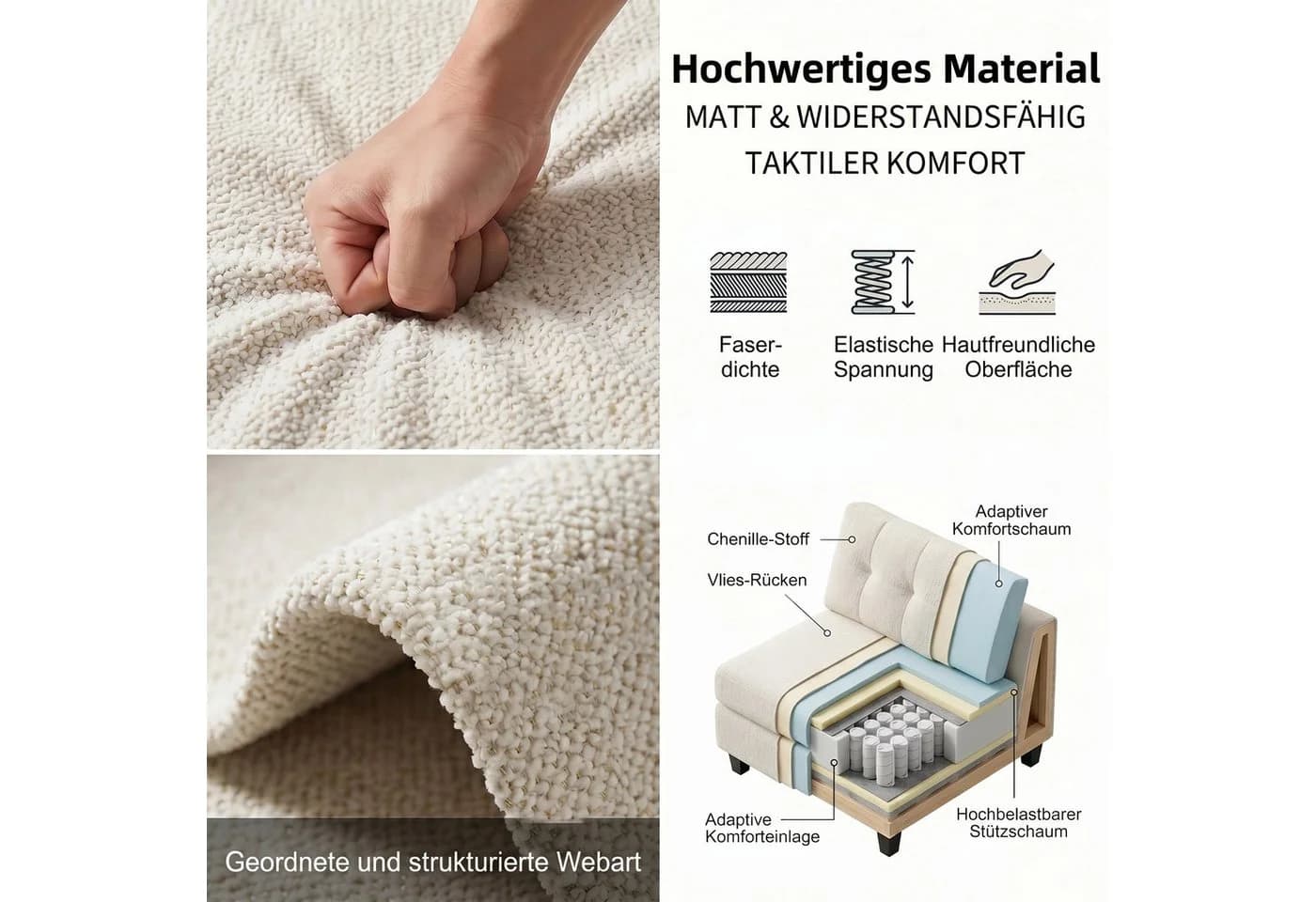 Jiexi Zweisitzer-Sofa Chenille Couch Creme Skandinavisch - Bild 5