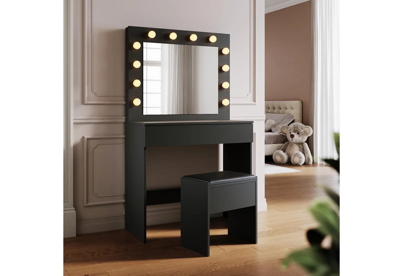 SONNI Schminktisch Modern Schwarz mit Spiegel, Hocker, Schublade, Kosmetiktisch, 3 Lichtmodi - Bild 2