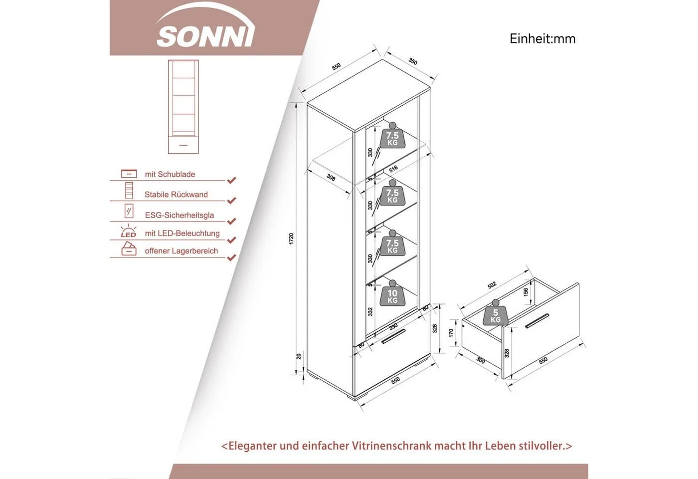 SONNI Glasvitrine Hochglanz Weiß LED-Beleuchtung 55x35x172 cm - Bild 4