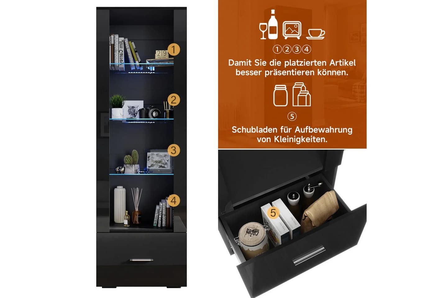 SONNI Glasvitrine Hochglanz Weiß LED-Beleuchtung 55x35x172 cm - Bild 5