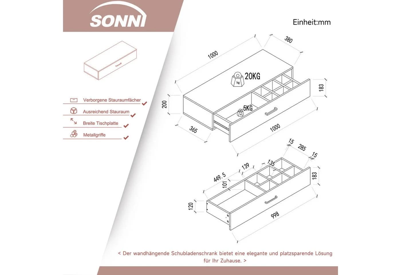 SONNI Schminktisch Weiß Wandmontierter Schreibtisch - Bild 3