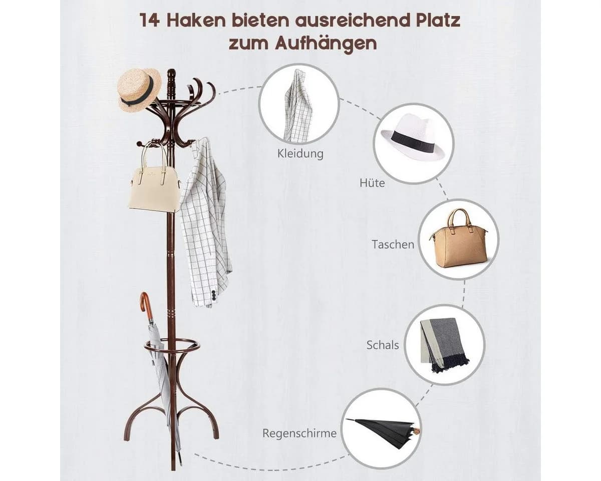 KOMFOTTEU Garderobenständer 12 Haken Massivholz Rotbraun - Bild 5
