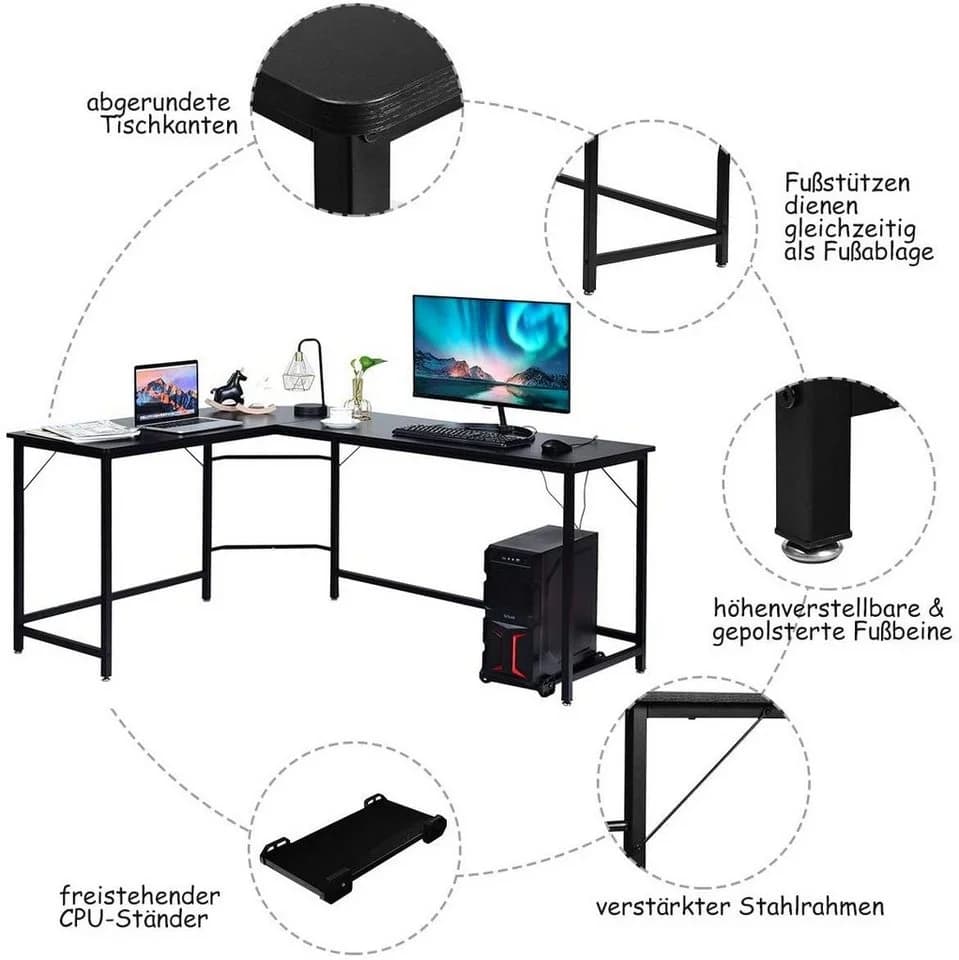 COSTWAY Eckschreibtisch L-Form 168x125x74 cm mit CPU-Ständer - Bild 5