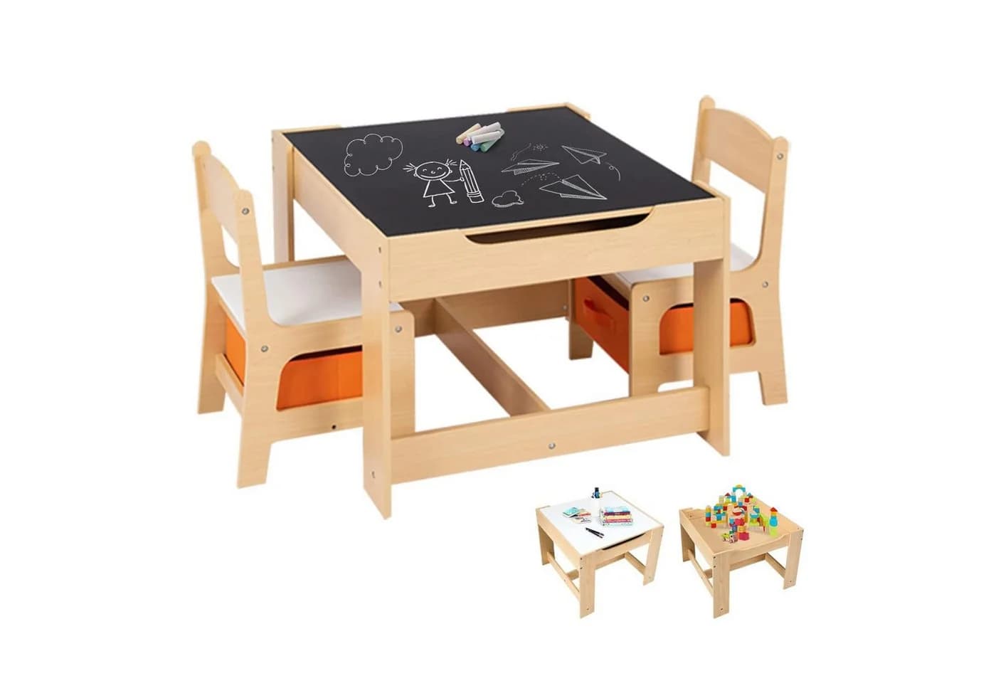 COSTWAY Kindersitzgruppe 3-tlg. Kindertisch mit 2 Stühlen Stauraum & Tafel Orange - Bild 2