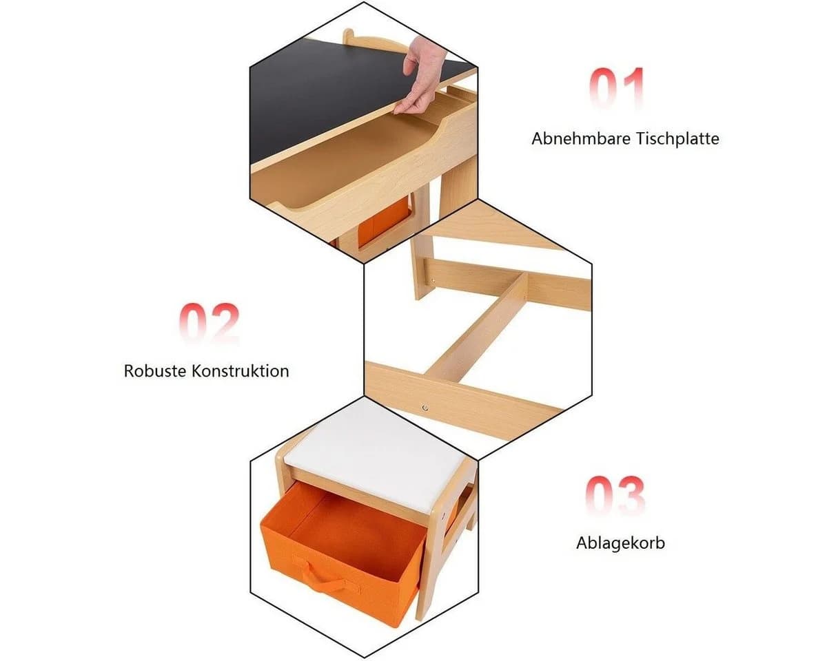 COSTWAY Kindersitzgruppe 3-tlg. Kindertisch mit 2 Stühlen Stauraum & Tafel Orange - Bild 3