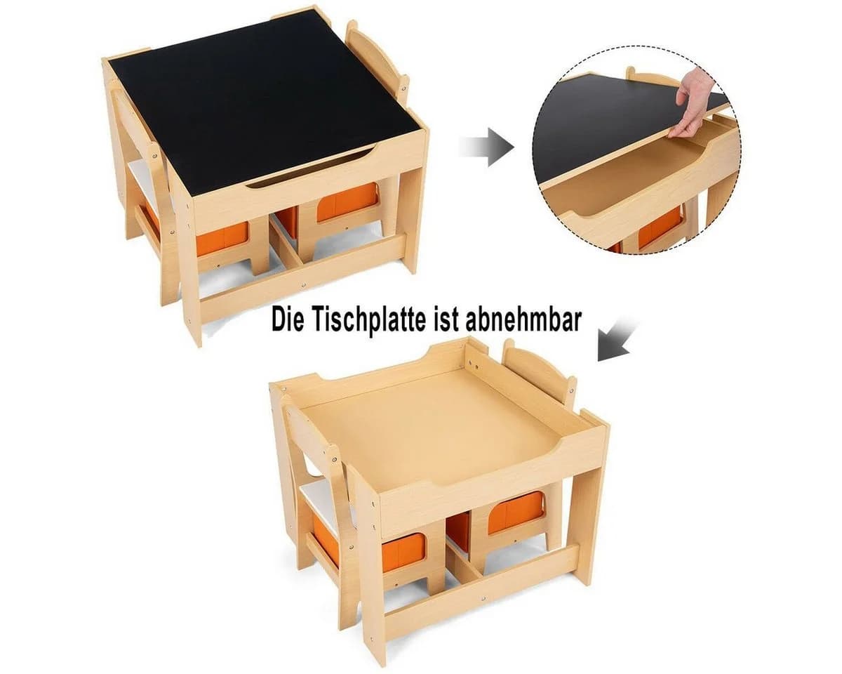COSTWAY Kindersitzgruppe 3-tlg. Kindertisch mit 2 Stühlen Stauraum & Tafel Orange - Bild 4