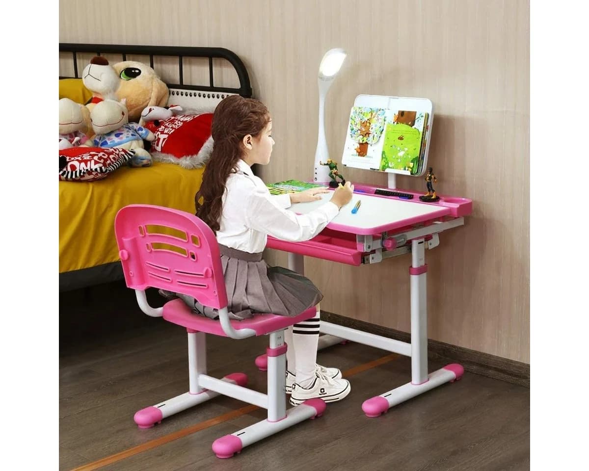 COSTWAY Kinderschreibtisch Rosa mit Stuhl, Lampe & Schublade, höhenverstellbar - Bild 1